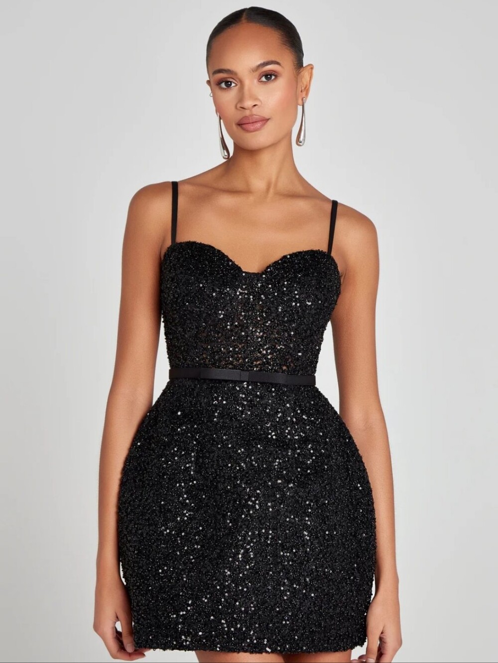Nadine Merabi Tara Black Sequin Sweetheart Mini Dress